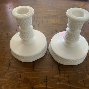(2) Vintage Westmoreland Glass American Hobnail Candleholders 5” Milk Glass 1950